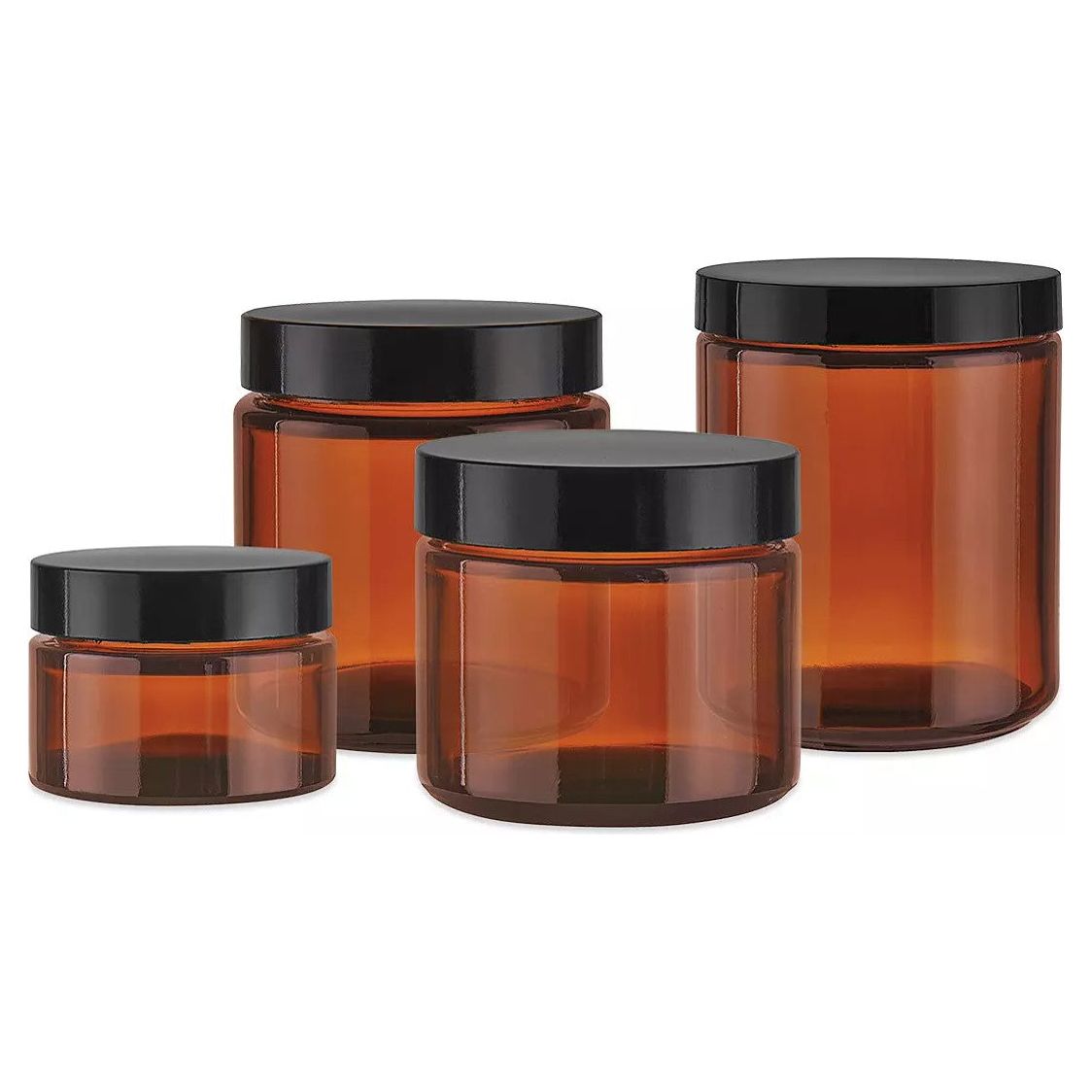 Straight Sided Glass Jars, Amber with Black Lid