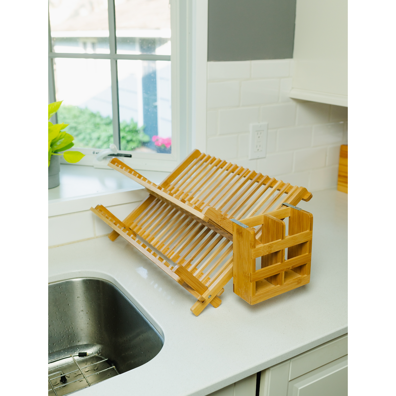 Bamboo Collapsible Drying Rack with Utensil Caddy
